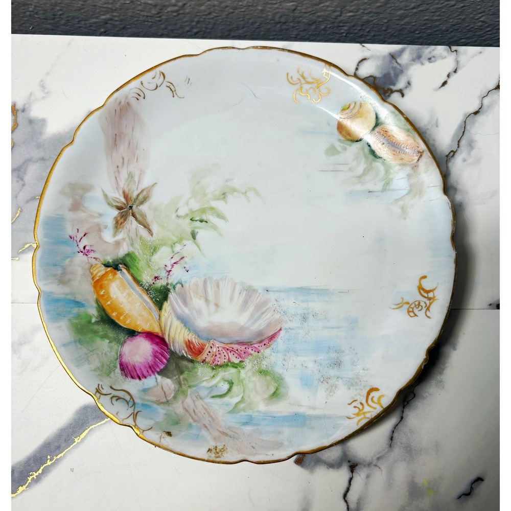 Antique Jean Pouyat JPL Limoges France Hand Painted Shell Plate Scalloped Golden